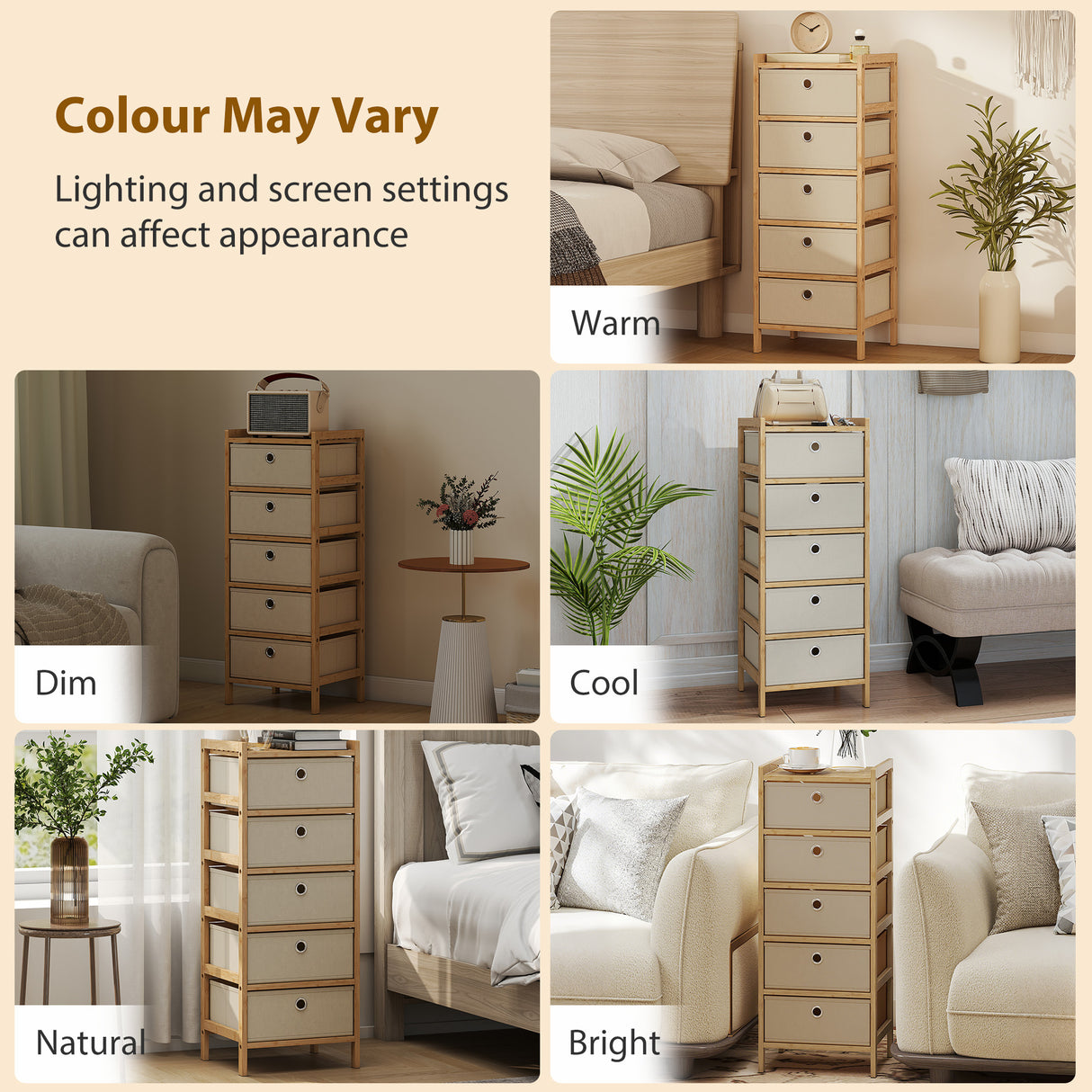Wooden Chest Of 5 Fabric Drawers 33cm Wide - Velmora