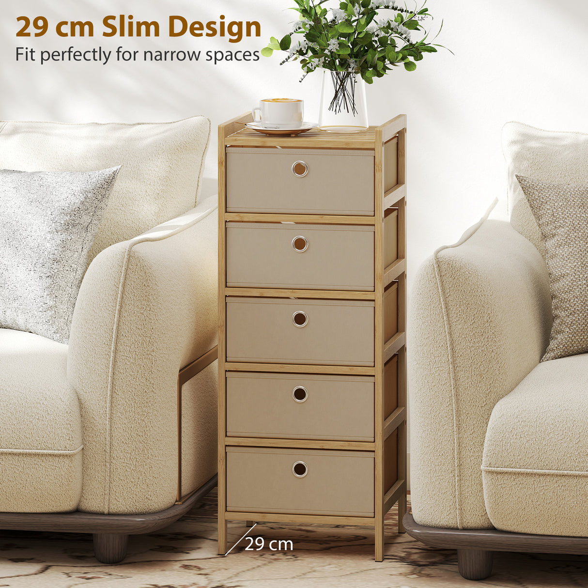 Wooden Chest Of 5 Fabric Drawers 33cm Wide - Velmora