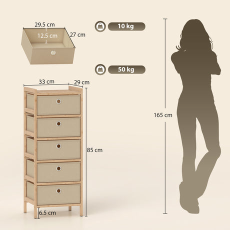 Wooden Chest Of 5 Fabric Drawers 33cm Wide - Velmora