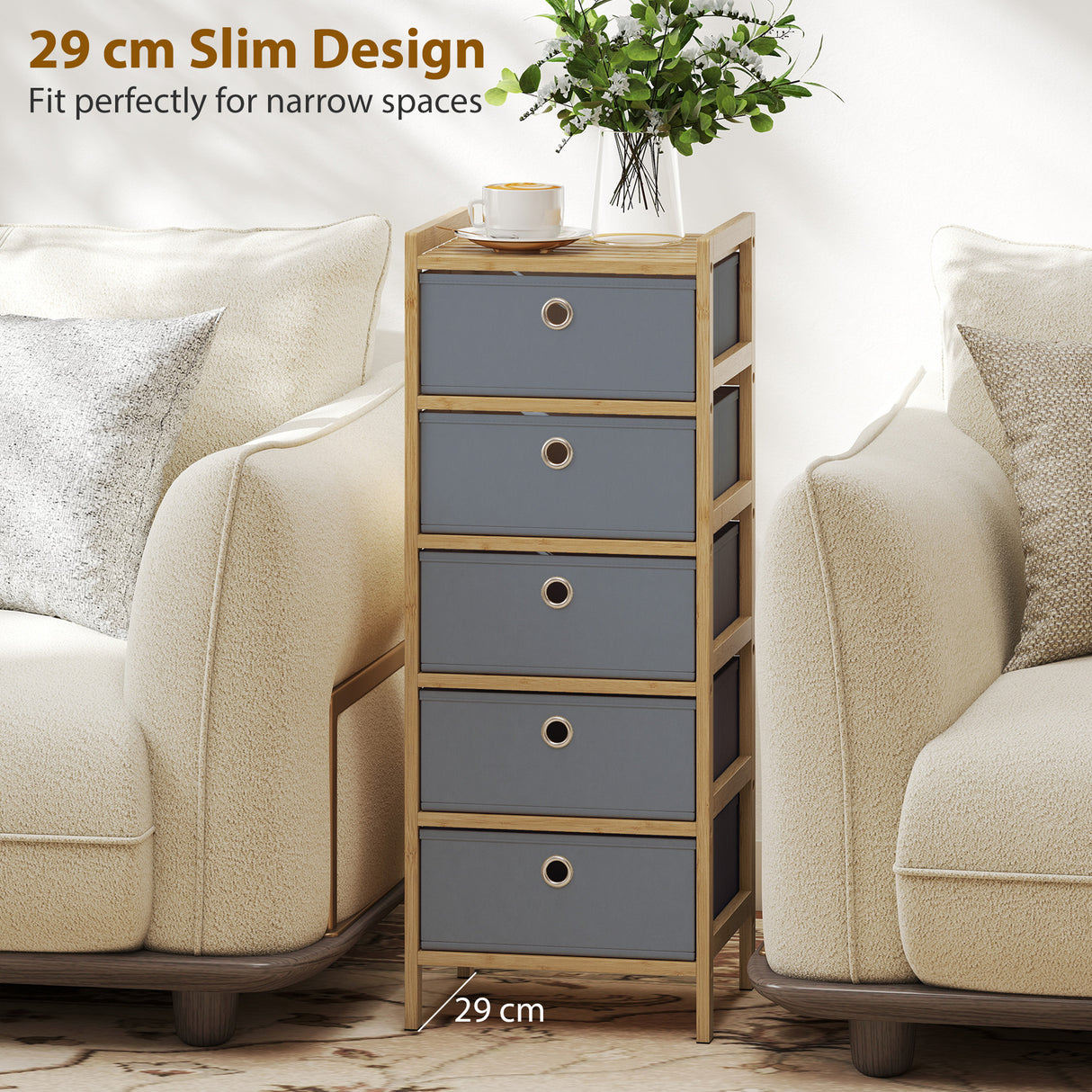 Wooden Chest Of 5 Fabric Drawers 33cm Wide - Velmora