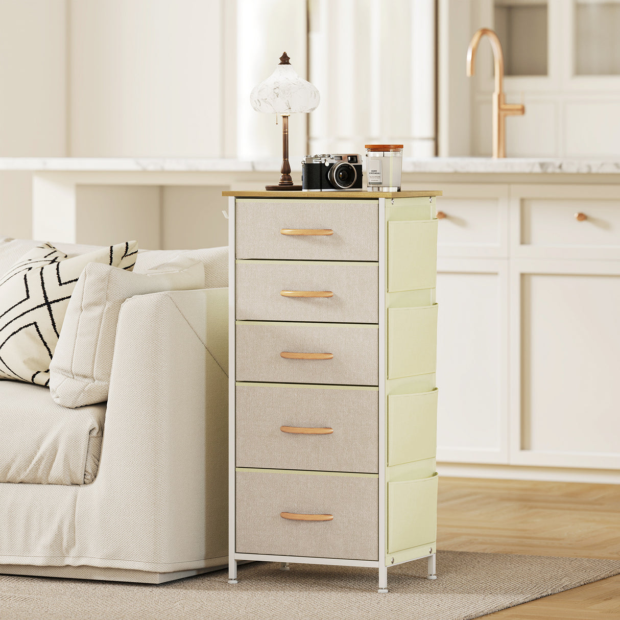 Wooden Chest Of 5 Fabric Drawers 45cm Wide With Steel Frame And Handle - Velmora