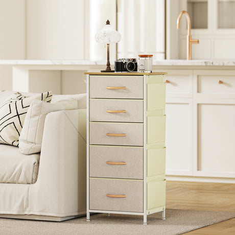 Wooden Chest Of 5 Fabric Drawers 45cm Wide With Steel Frame And Handle - Velmora