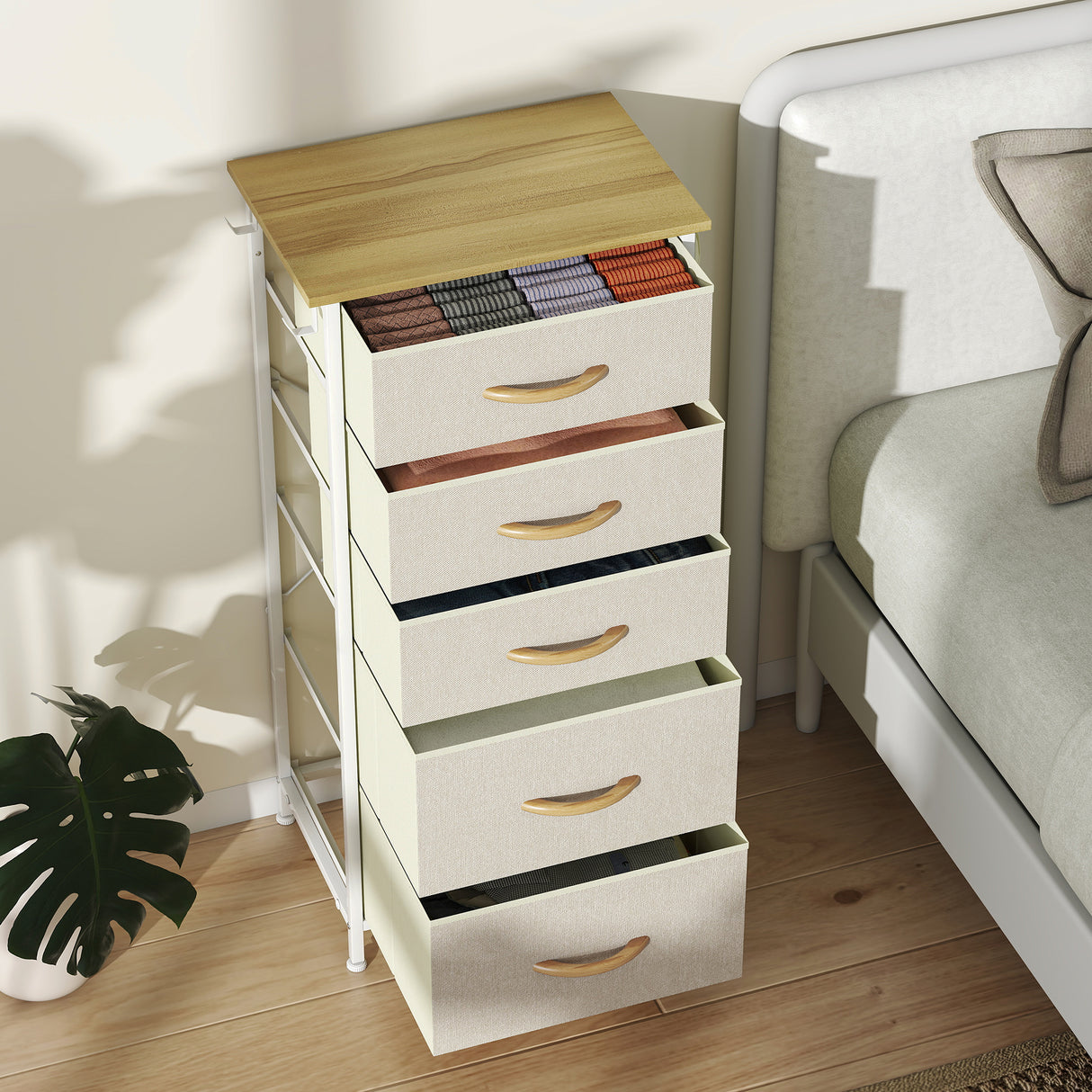 Wooden Chest Of 5 Fabric Drawers 45cm Wide With Steel Frame And Handle - Velmora