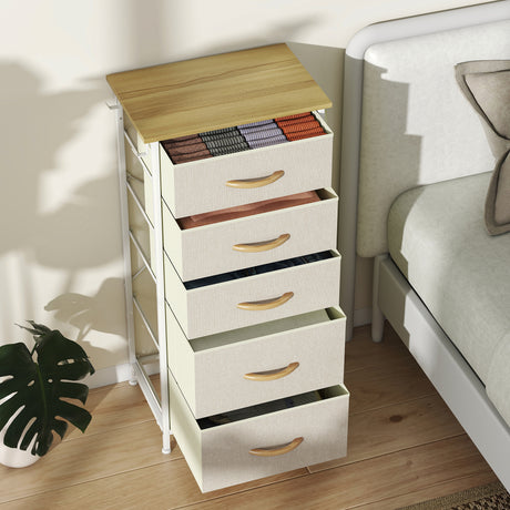 Wooden Chest Of 5 Fabric Drawers 45cm Wide With Steel Frame And Handle - Velmora