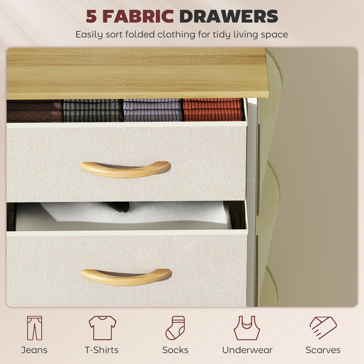 Wooden Chest Of 5 Fabric Drawers 45cm Wide With Steel Frame And Handle - Velmora
