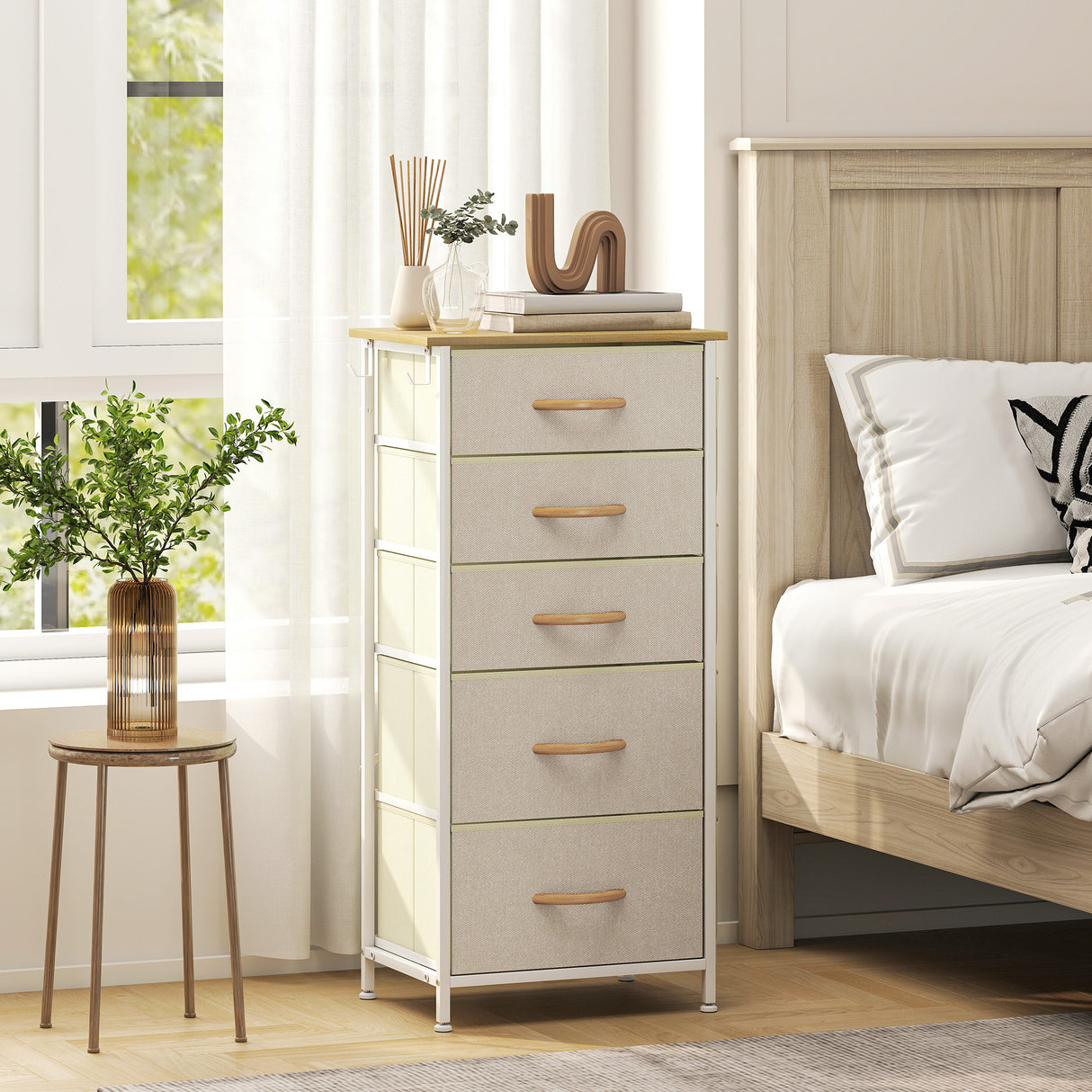 Wooden Chest Of 5 Fabric Drawers 45cm Wide With Steel Frame And Handle - Velmora