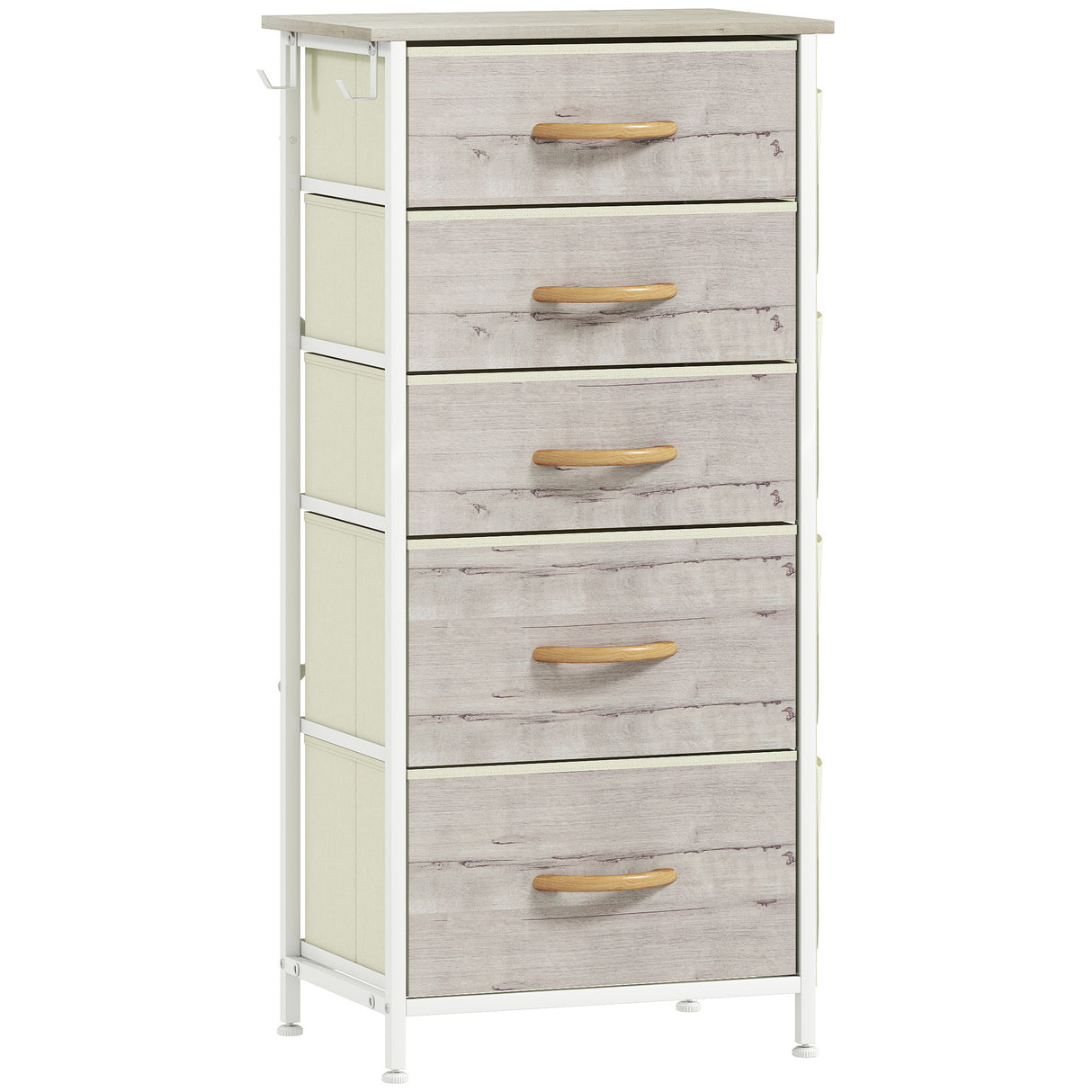 Wooden Chest Of 5 Fabric Drawers 45cm Wide With Steel Frame And Handle - Velmora