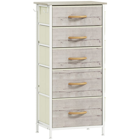 Wooden Chest Of 5 Fabric Drawers 45cm Wide With Steel Frame And Handle - Velmora