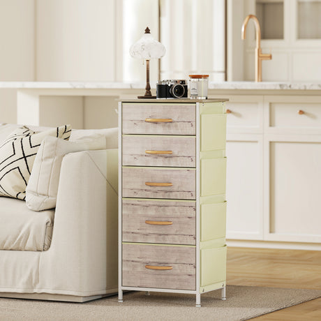 Wooden Chest Of 5 Fabric Drawers 45cm Wide With Steel Frame And Handle - Velmora