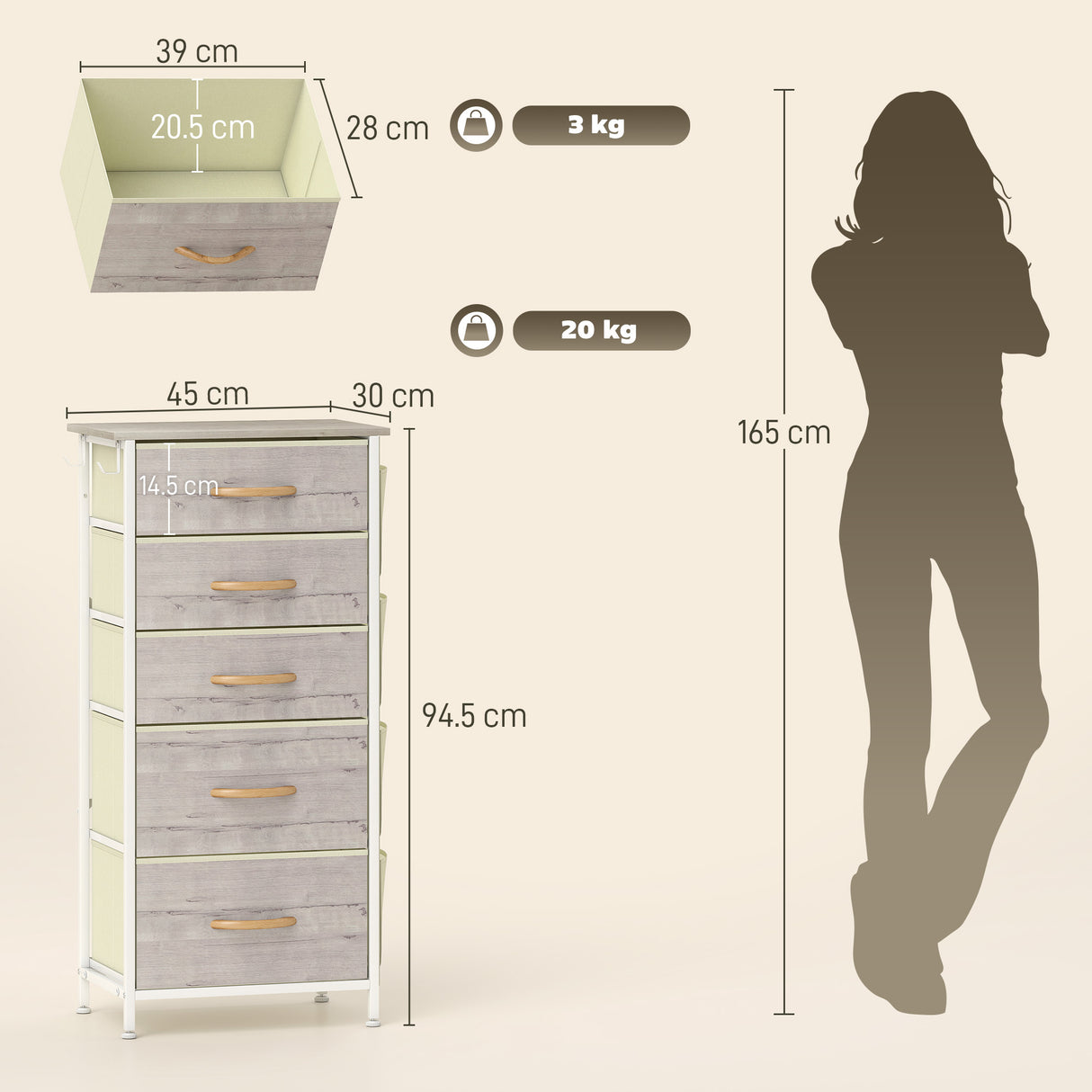 Wooden Chest Of 5 Fabric Drawers 45cm Wide With Steel Frame And Handle - Velmora