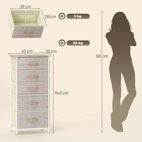 Wooden Chest Of 5 Fabric Drawers 45cm Wide With Steel Frame And Handle - Velmora