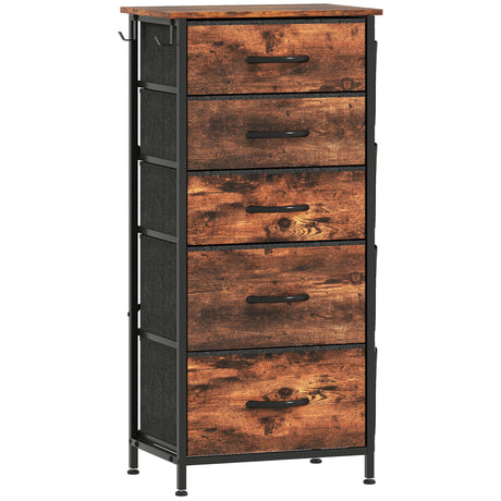 Wooden Chest Of 5 Fabric Drawers 45cm Wide With Steel Frame And Handle - Velmora