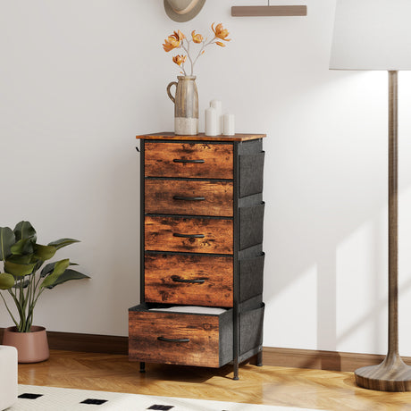 Wooden Chest Of 5 Fabric Drawers 45cm Wide With Steel Frame And Handle - Velmora