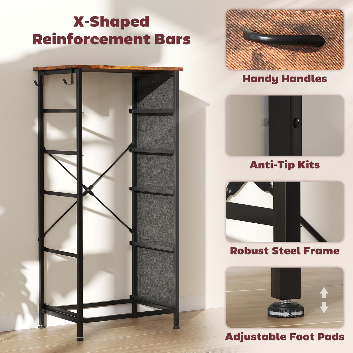 Wooden Chest Of 5 Fabric Drawers 45cm Wide With Steel Frame And Handle - Velmora