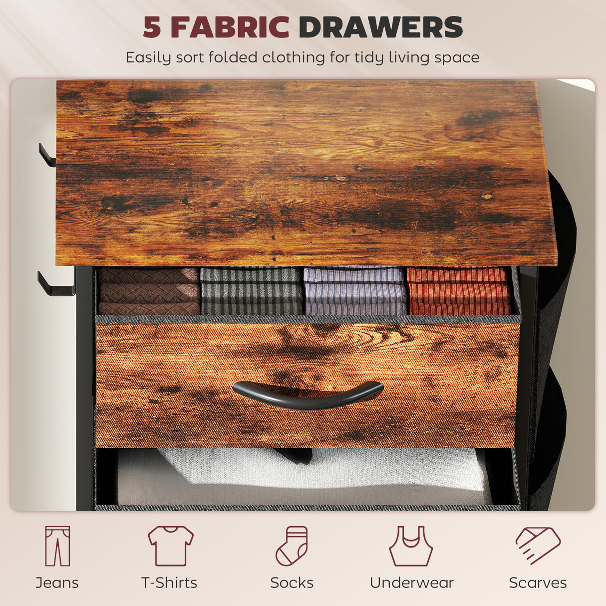 Wooden Chest Of 5 Fabric Drawers 45cm Wide With Steel Frame And Handle - Velmora