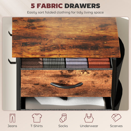 Wooden Chest Of 5 Fabric Drawers 45cm Wide With Steel Frame And Handle - Velmora