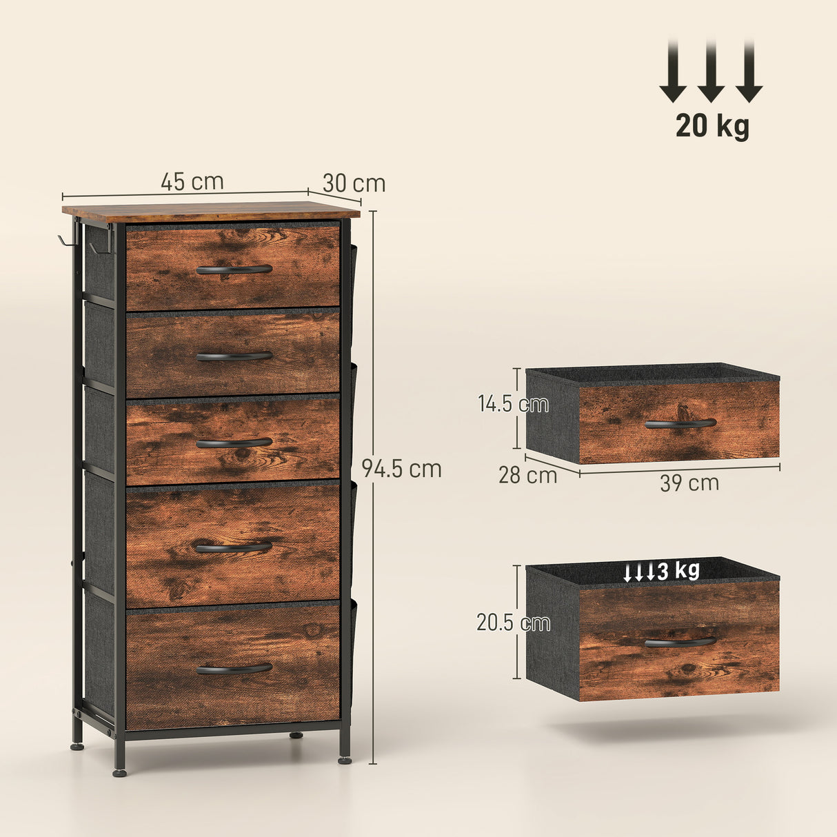 Wooden Chest Of 5 Fabric Drawers 45cm Wide With Steel Frame And Handle - Velmora