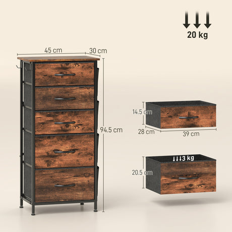 Wooden Chest Of 5 Fabric Drawers 45cm Wide With Steel Frame And Handle - Velmora