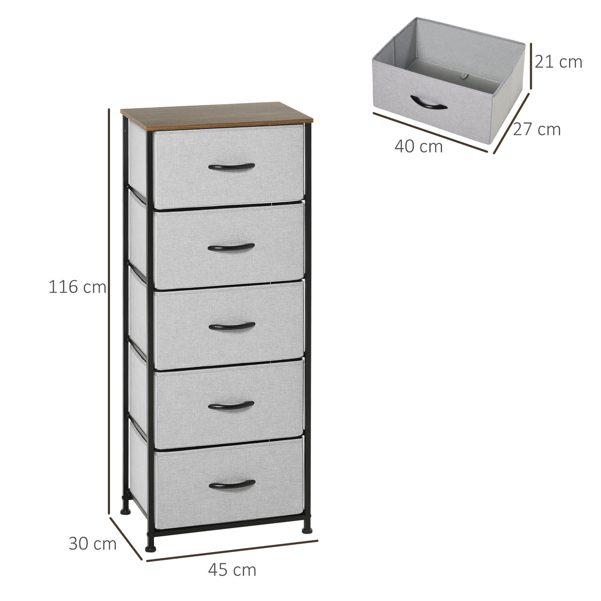 Wooden Chest Of 5 Fabric Drawers 45cm Wide With Steel Frame - Velmora
