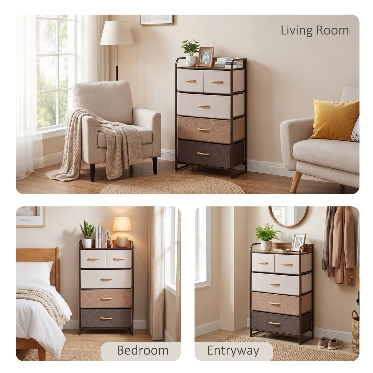 Wooden Chest Of 5 Fabric Drawers 58cm Wide With Steel Frame - Velmora