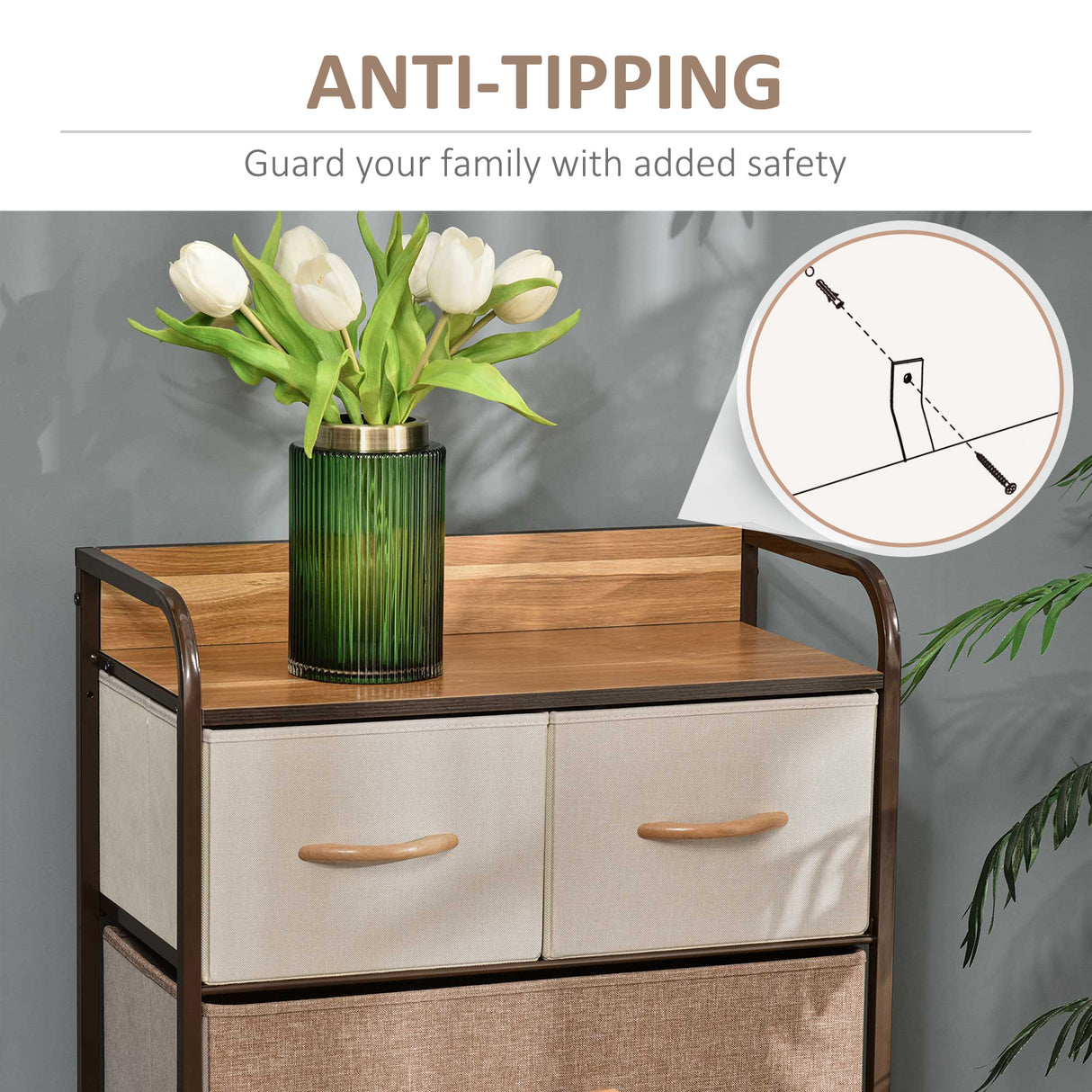 Wooden Chest Of 5 Fabric Drawers 58cm Wide With Steel Frame - Velmora
