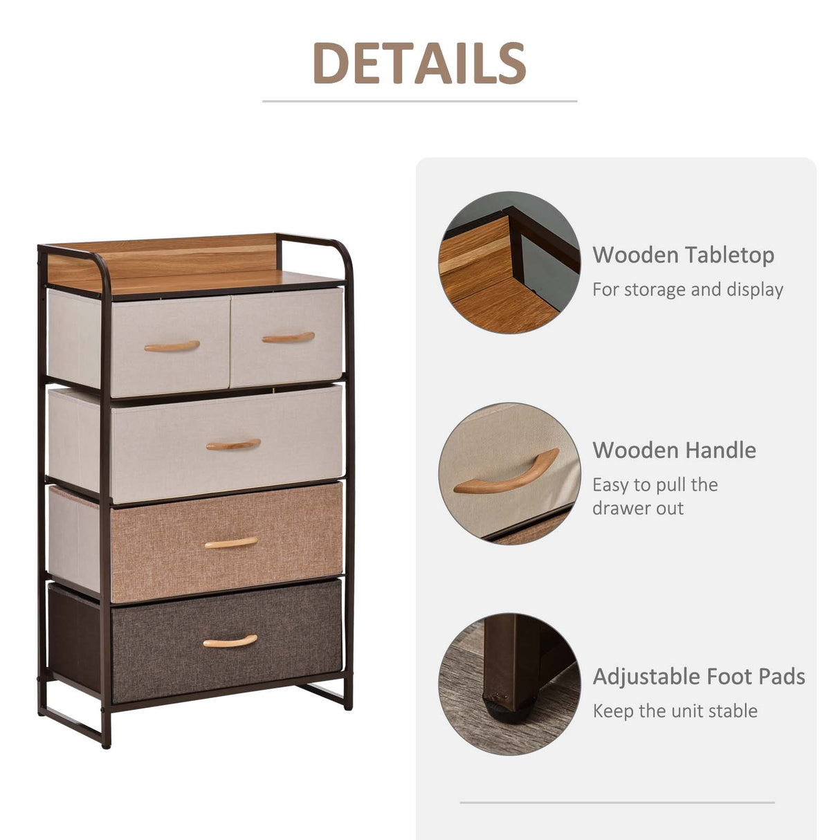 Wooden Chest Of 5 Fabric Drawers 58cm Wide With Steel Frame - Velmora