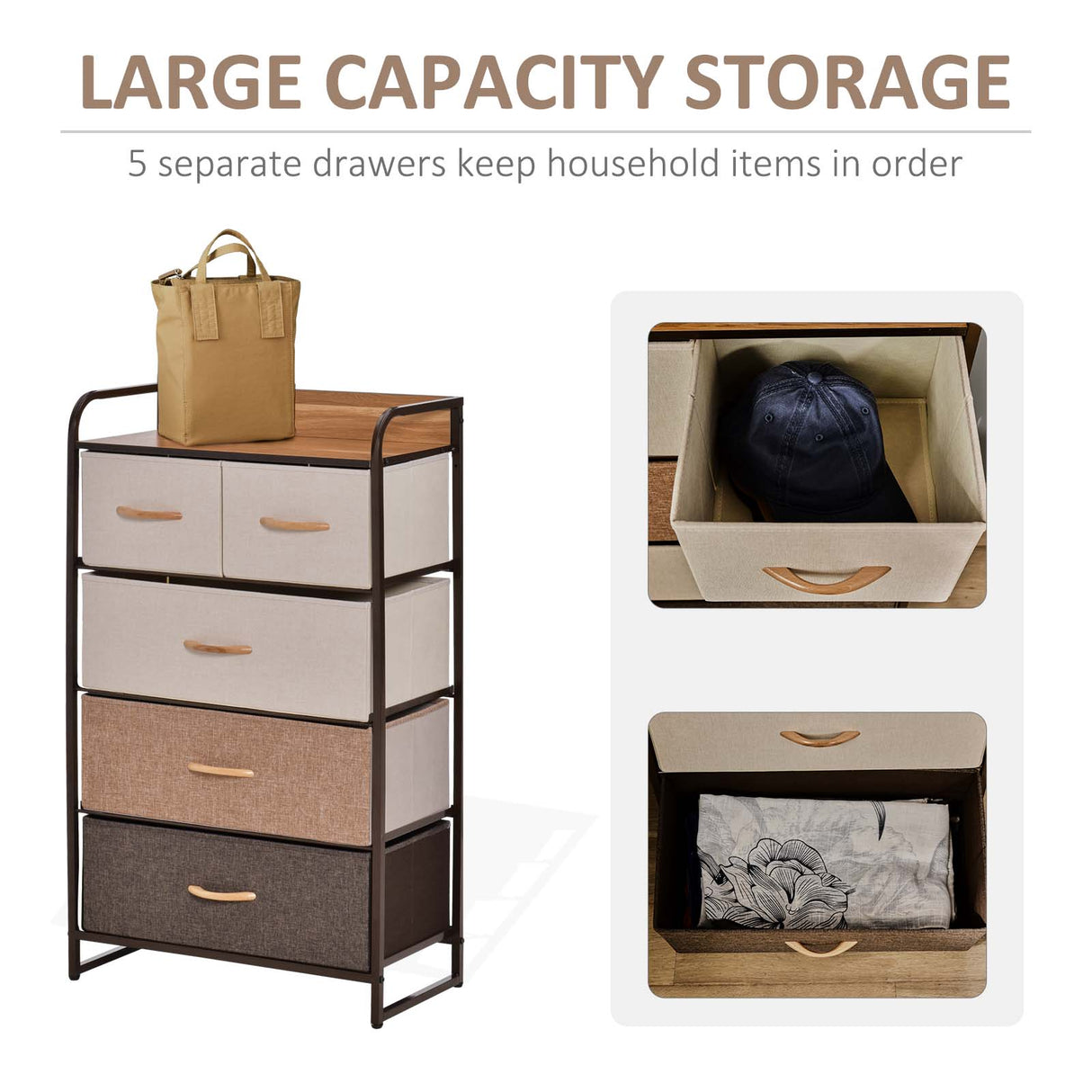 Wooden Chest Of 5 Fabric Drawers 58cm Wide With Steel Frame - Velmora
