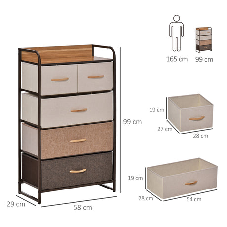 Wooden Chest Of 5 Fabric Drawers 58cm Wide With Steel Frame - Velmora