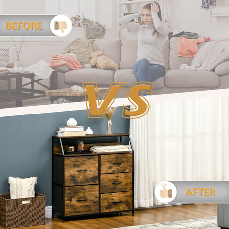 Wooden Chest Of 5 Fabric Drawers 83.5cm Wide With Steel Frame - Velmora