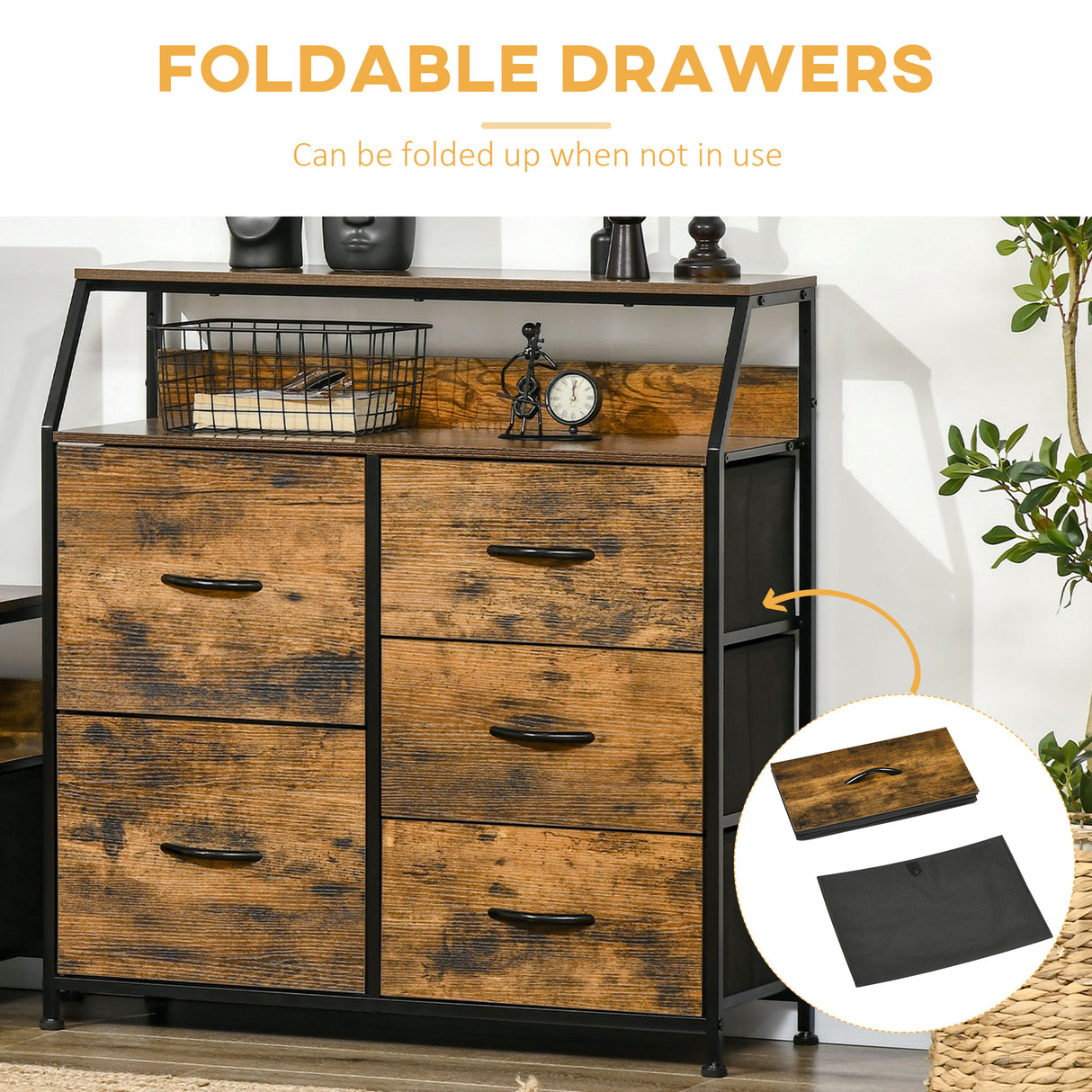 Wooden Chest Of 5 Fabric Drawers 83.5cm Wide With Steel Frame - Velmora