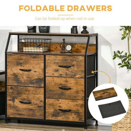 Wooden Chest Of 5 Fabric Drawers 83.5cm Wide With Steel Frame - Velmora