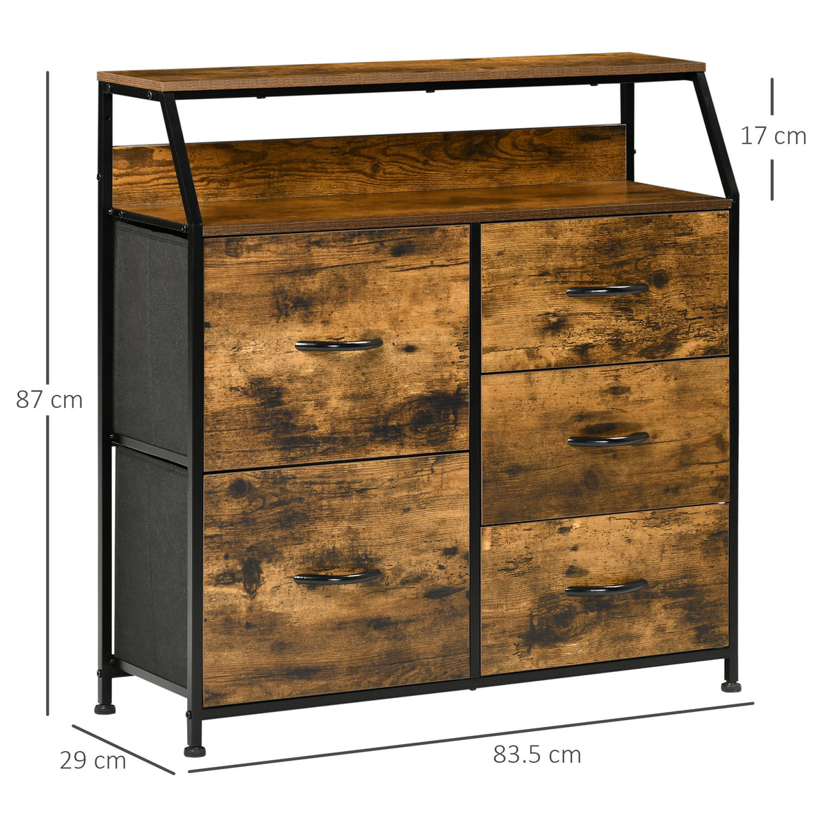 Wooden Chest Of 5 Fabric Drawers 83.5cm Wide With Steel Frame - Velmora