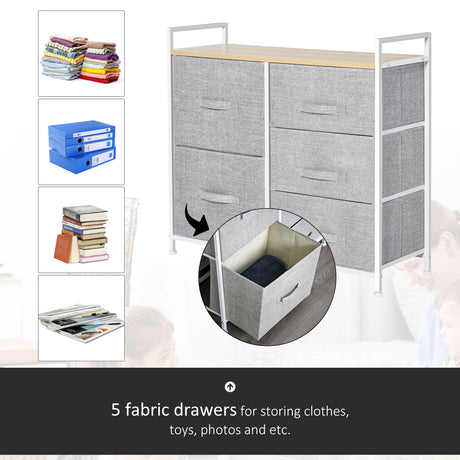 Wooden Chest Of 5 Fabric Drawers 83cm Wide With Metal Frame - Velmora