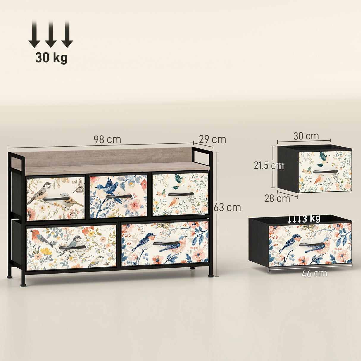 Wooden Chest Of 5 Fabric Drawers 98cm Wide With Steel Frame And Handle - Velmora