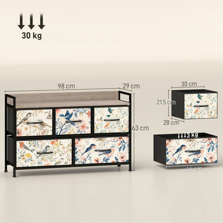 Wooden Chest Of 5 Fabric Drawers 98cm Wide With Steel Frame And Handle - Velmora