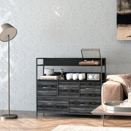Wooden Chest Of 5 Fabric Drawers 98cm Wide With Steel Frame - Velmora