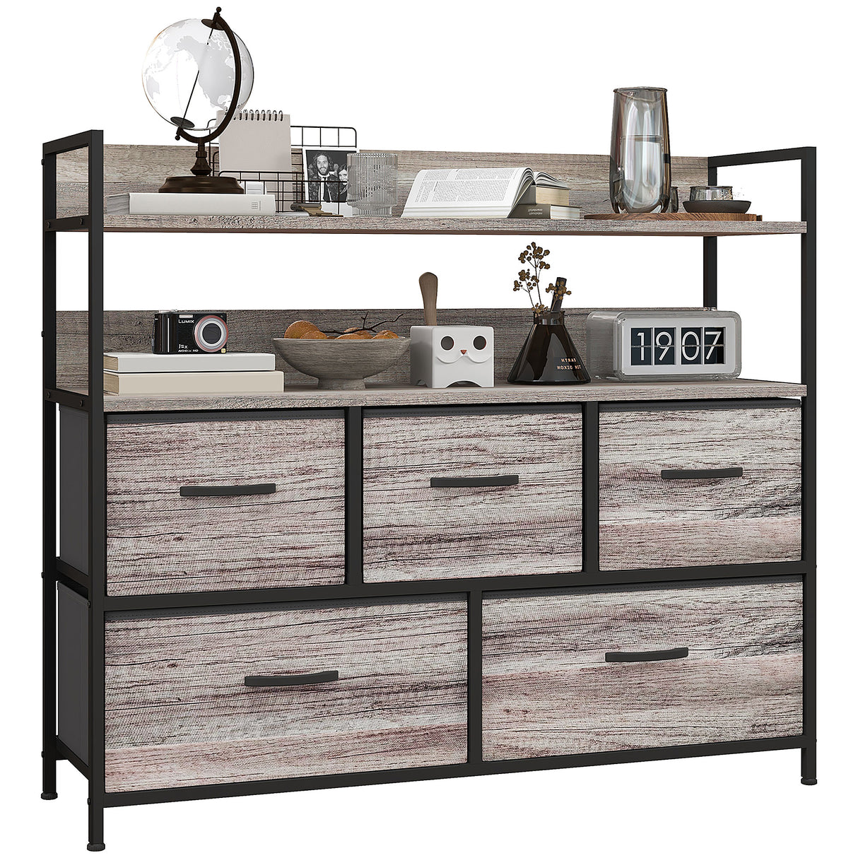 Wooden Chest Of 5 Fabric Drawers 98cm Wide With Steel Frame - Velmora