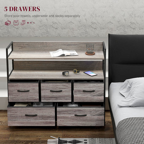 Wooden Chest Of 5 Fabric Drawers 98cm Wide With Steel Frame - Velmora