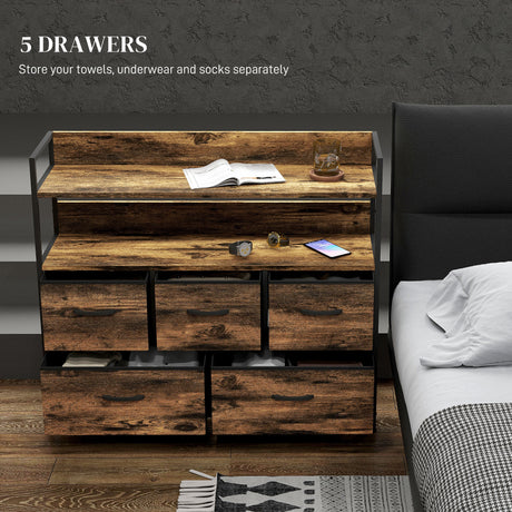 Wooden Chest Of 5 Fabric Drawers 98cm Wide With Steel Frame - Velmora