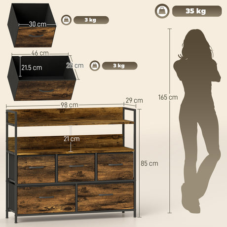 Wooden Chest Of 5 Fabric Drawers 98cm Wide With Steel Frame - Velmora