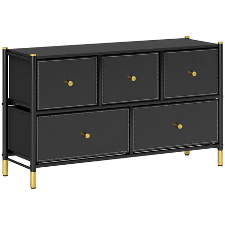Wooden Chest Of 5 Faux Leather Drawers Front 100cm Wide With Metal Frame - Velmora