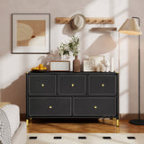 Wooden Chest Of 5 Faux Leather Drawers Front 100cm Wide With Metal Frame - Velmora