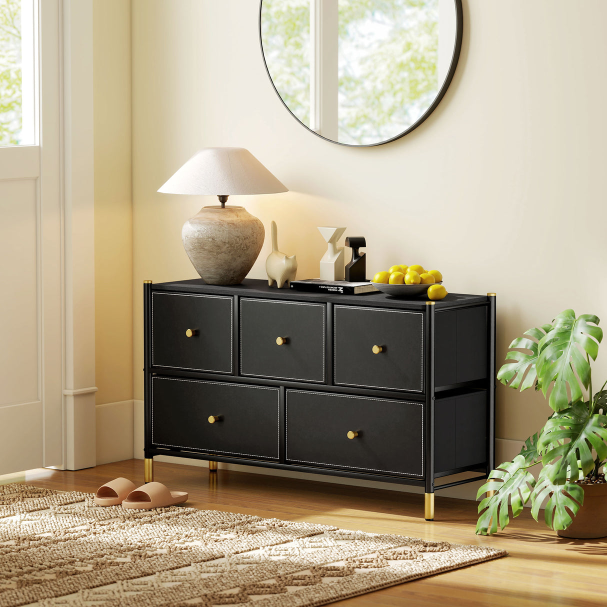 Wooden Chest Of 5 Faux Leather Drawers Front 100cm Wide With Metal Frame - Velmora