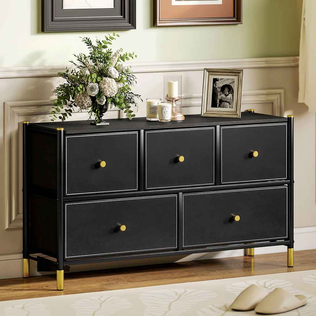 Wooden Chest Of 5 Faux Leather Drawers Front 100cm Wide With Metal Frame - Velmora