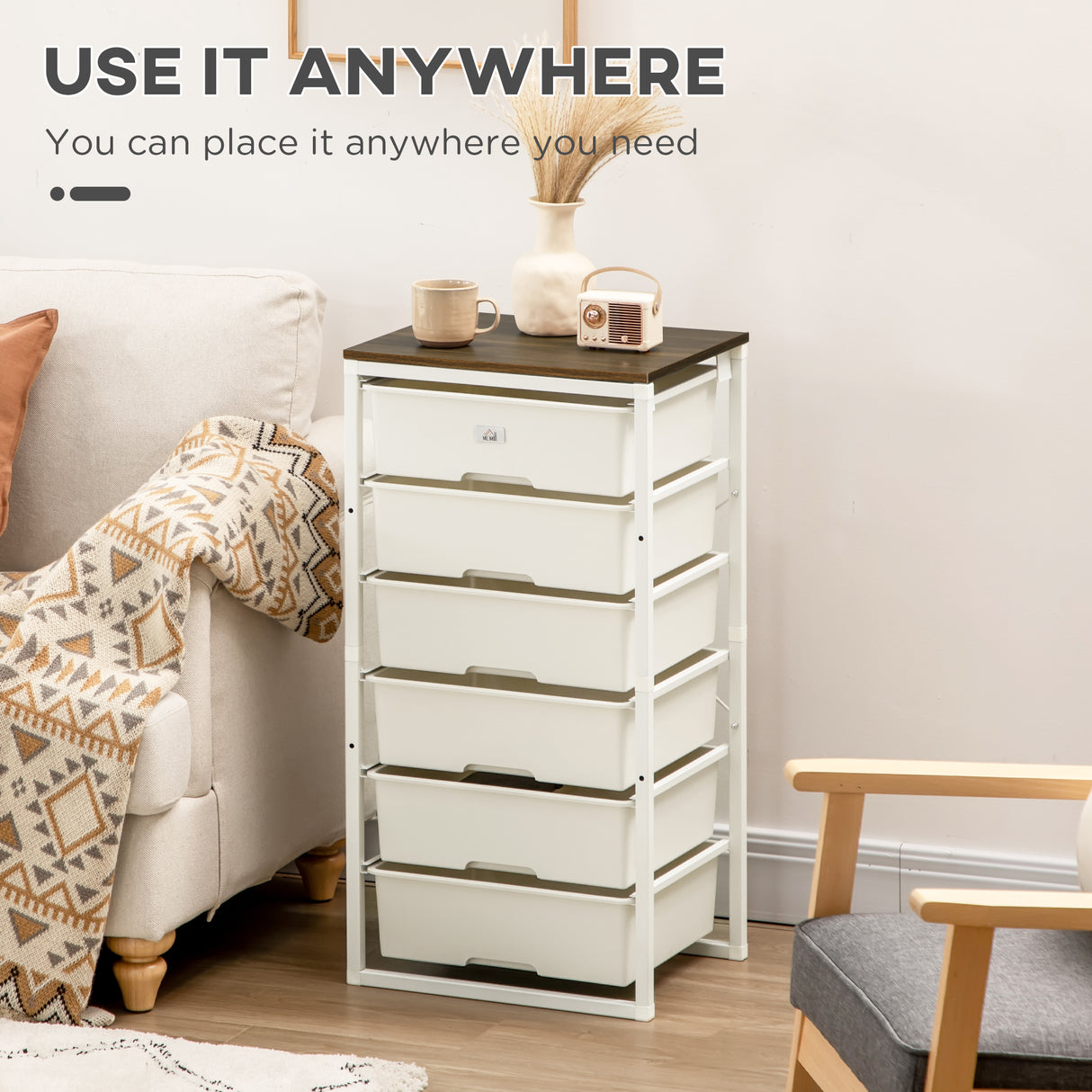 Wooden Chest Of 5 Plastic Drawers 41.5cm Wide With Steel Frame - Velmora