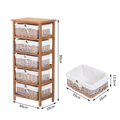 Wooden Chest Of 5 Wicker Drawers 40cm Wide - Velmora