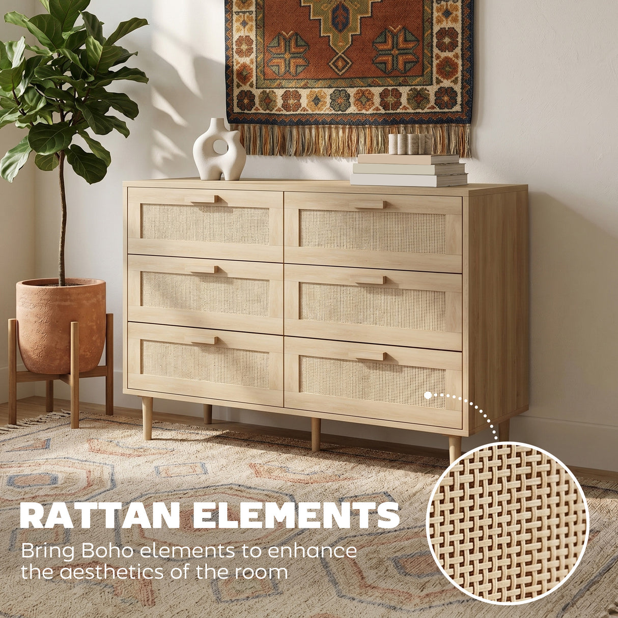 Wooden Chest Of 6 Drawers 110cm Wide - Velmora