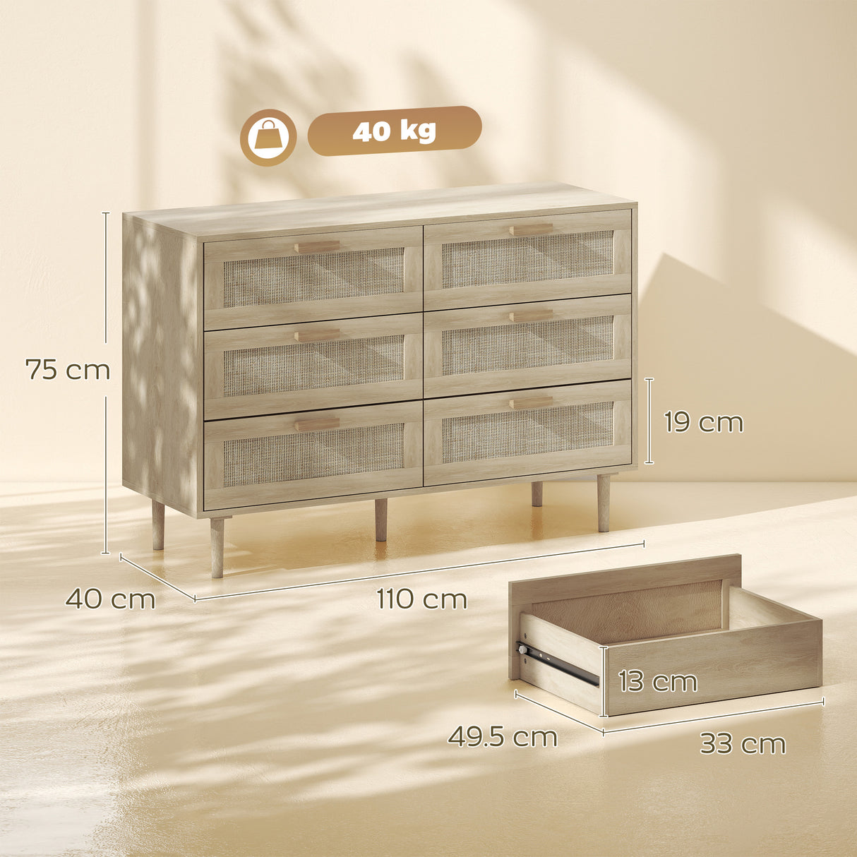Wooden Chest Of 6 Drawers 110cm Wide - Velmora