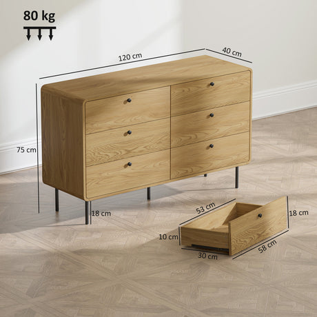 Wooden Chest Of 6 Drawers 120cm Wide With Steel Legs - Velmora