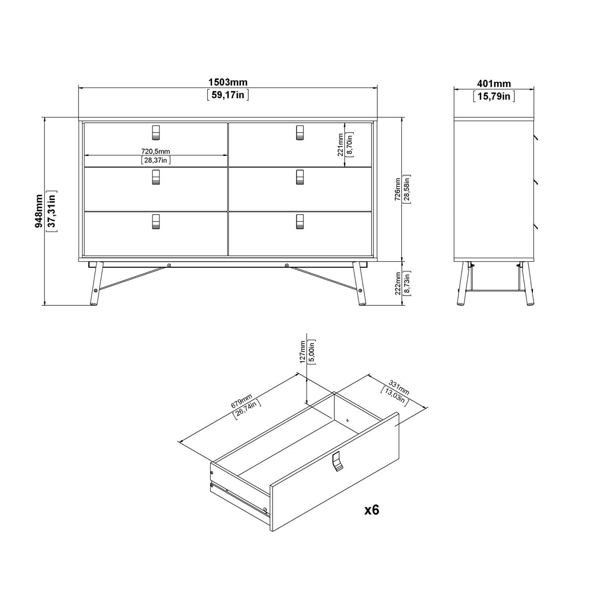 Wooden Chest Of 6 Drawers Double Dresser - Ry